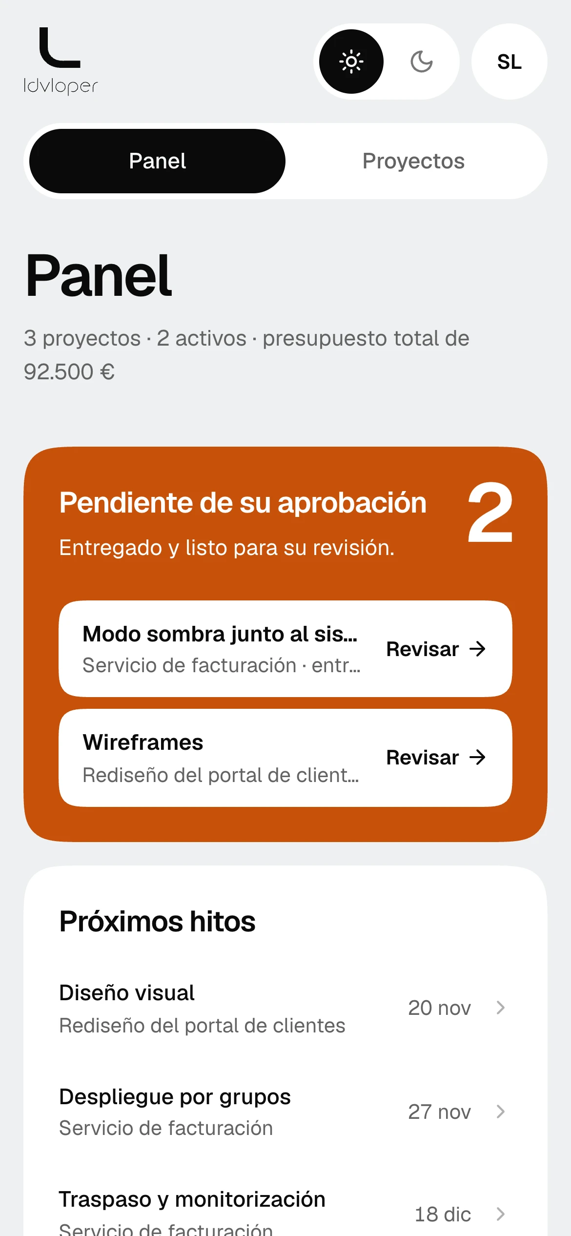 Panel del portal de cliente: hitos pendientes de su aprobación, los próximos hitos y el presupuesto, el progreso y el gasto de cada proyecto.