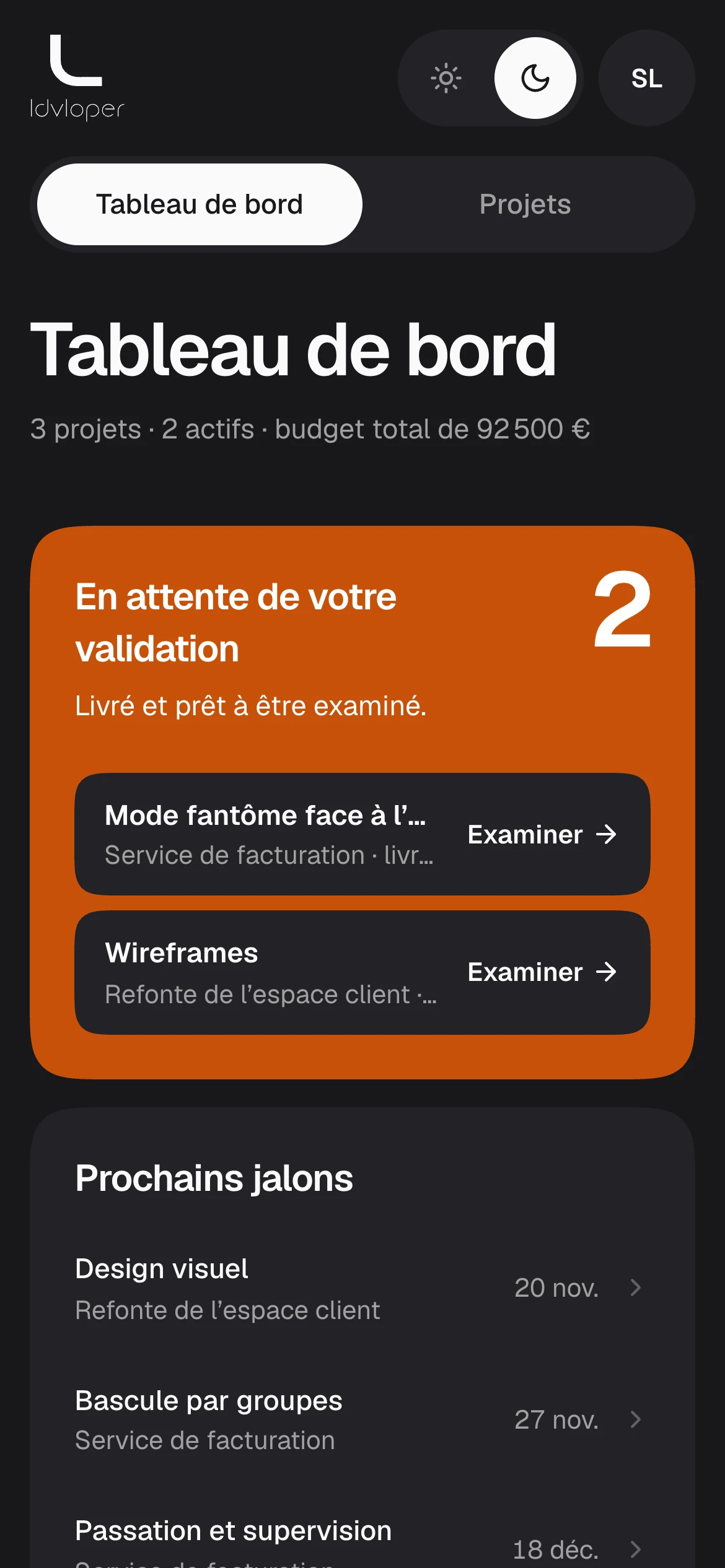 Tableau de bord du portail client : jalons en attente de votre validation, prochains jalons, et pour chaque projet le budget, l’avancement et les dépenses.