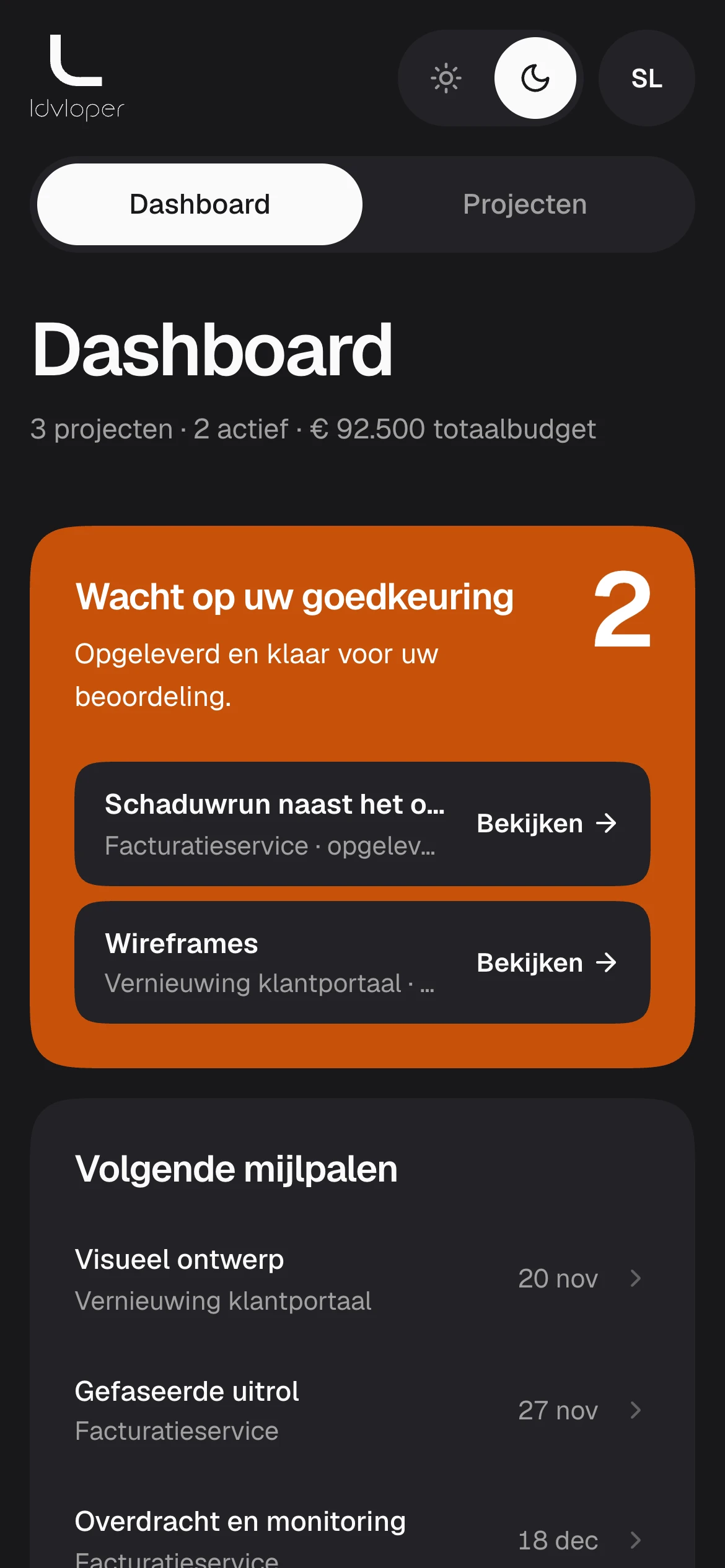 Dashboard van het klantportaal: mijlpalen die op uw goedkeuring wachten, de volgende mijlpalen en per project het budget, de voortgang en de uitgaven.