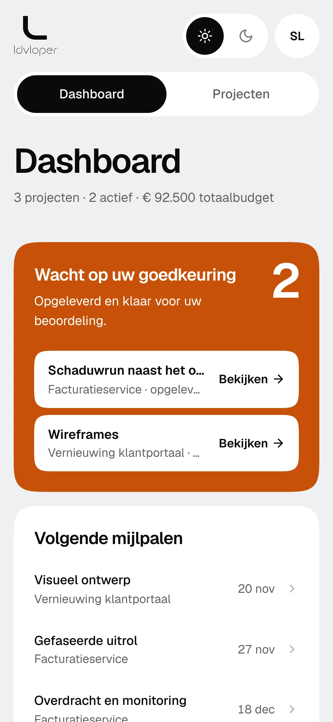 Dashboard van het klantportaal: mijlpalen die op uw goedkeuring wachten, de volgende mijlpalen en per project het budget, de voortgang en de uitgaven.