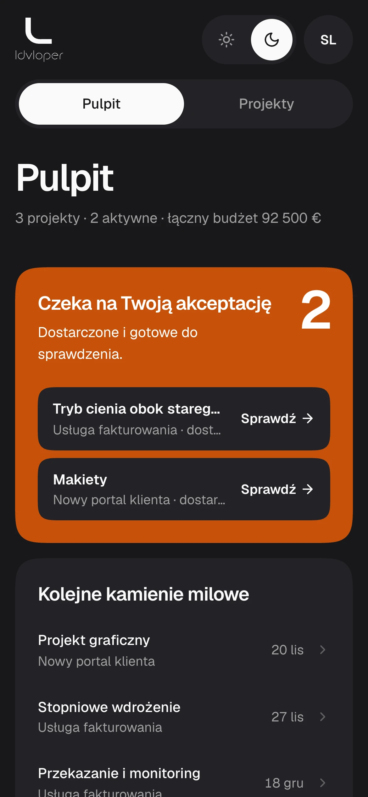Pulpit portalu klienta: kamienie milowe czekające na akceptację, kolejne kamienie milowe oraz budżet, postęp i wydatki każdego projektu.