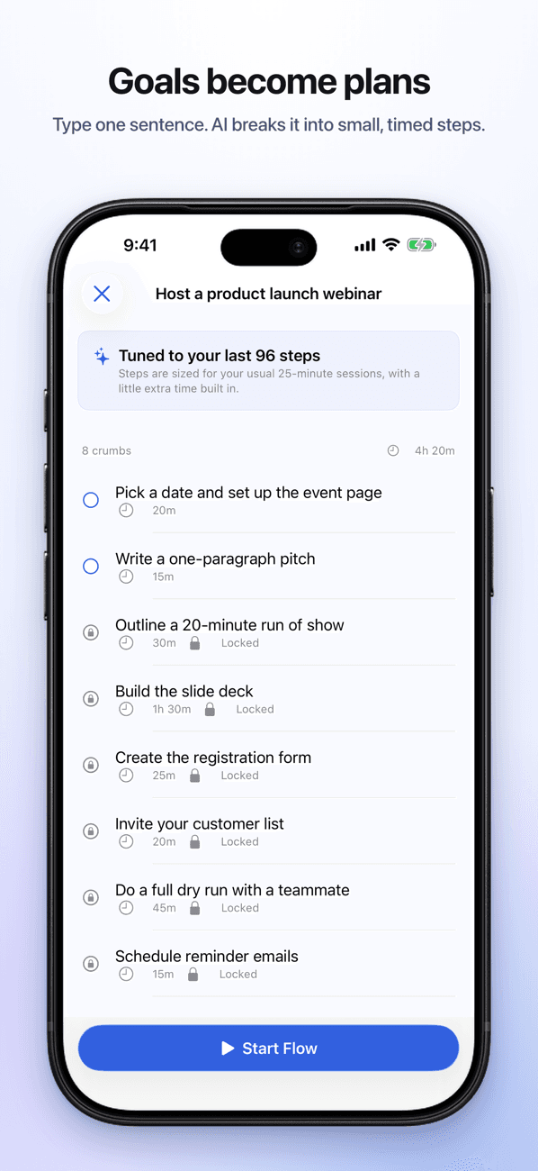 Syncflow on iPhone: a goal broken into small, timed steps